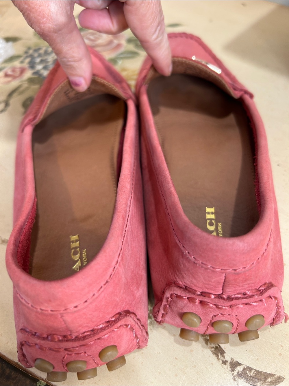 Coach Napoleon Salmon Pink Coral Suede Gold Buckle Driving Loafers - Picture 10 of 15